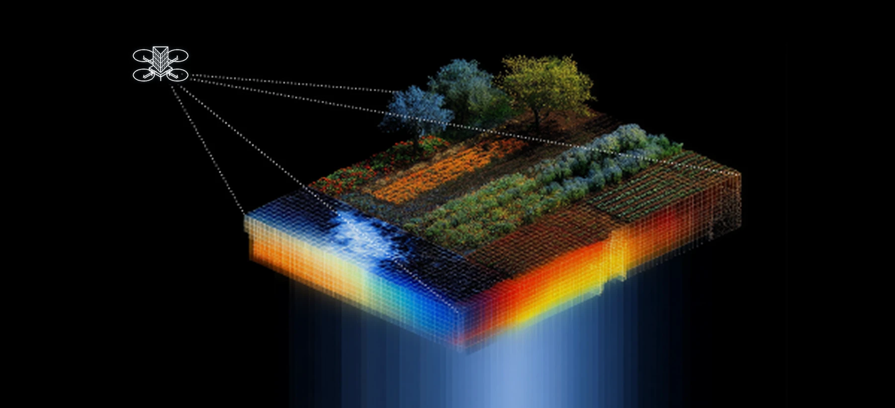 A phased array drone, drawn in white outline, scanning a cross-section of terrain that reveals soil layers, water and vegetation beneath the surface