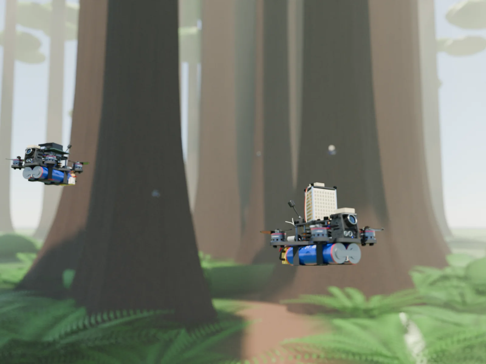 AERKI phased array and compute drones flying between tall redwood trunks in a sunlit forest