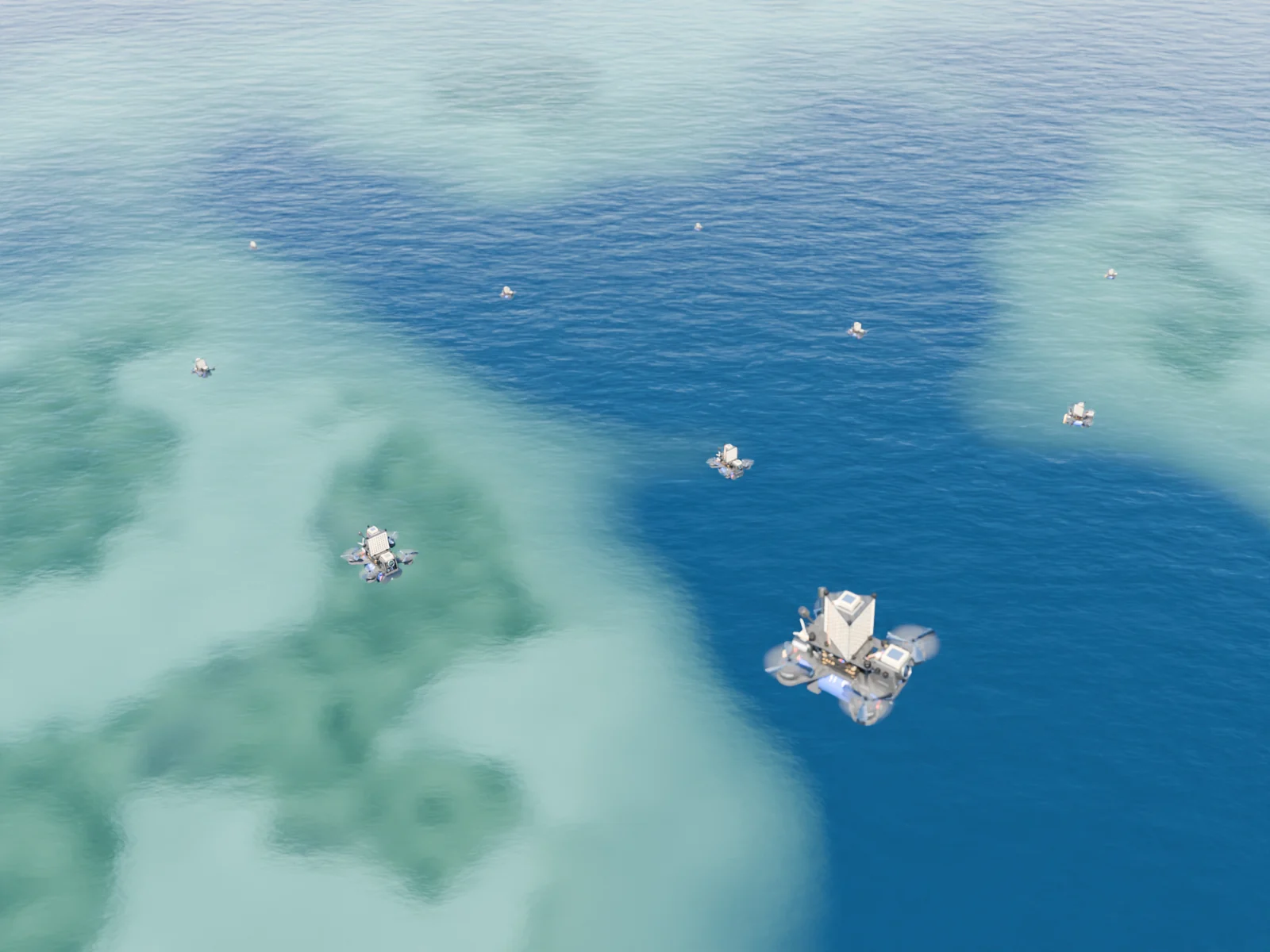 A swarm of AERKI drones flying low over clear turquoise water and coral reef