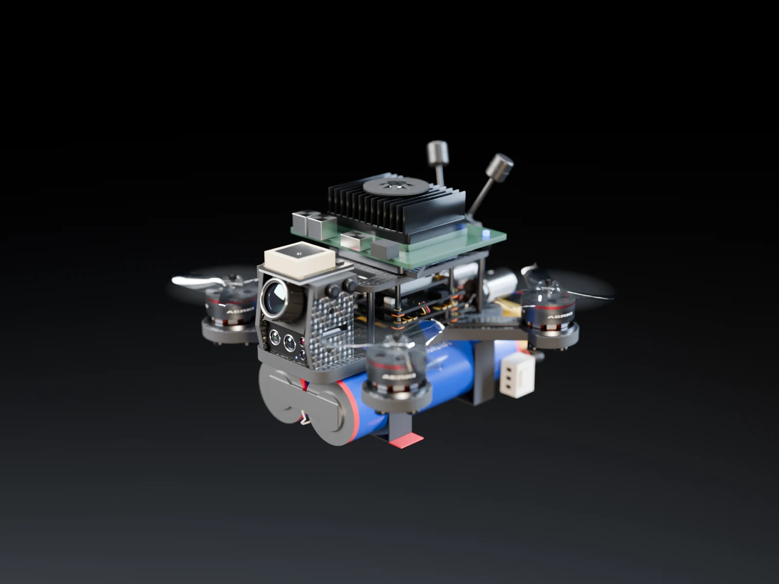 Studio render of the AERKI compute payload drone with an NVIDIA Jetson Orin Nano Super module and finned heatsink on top