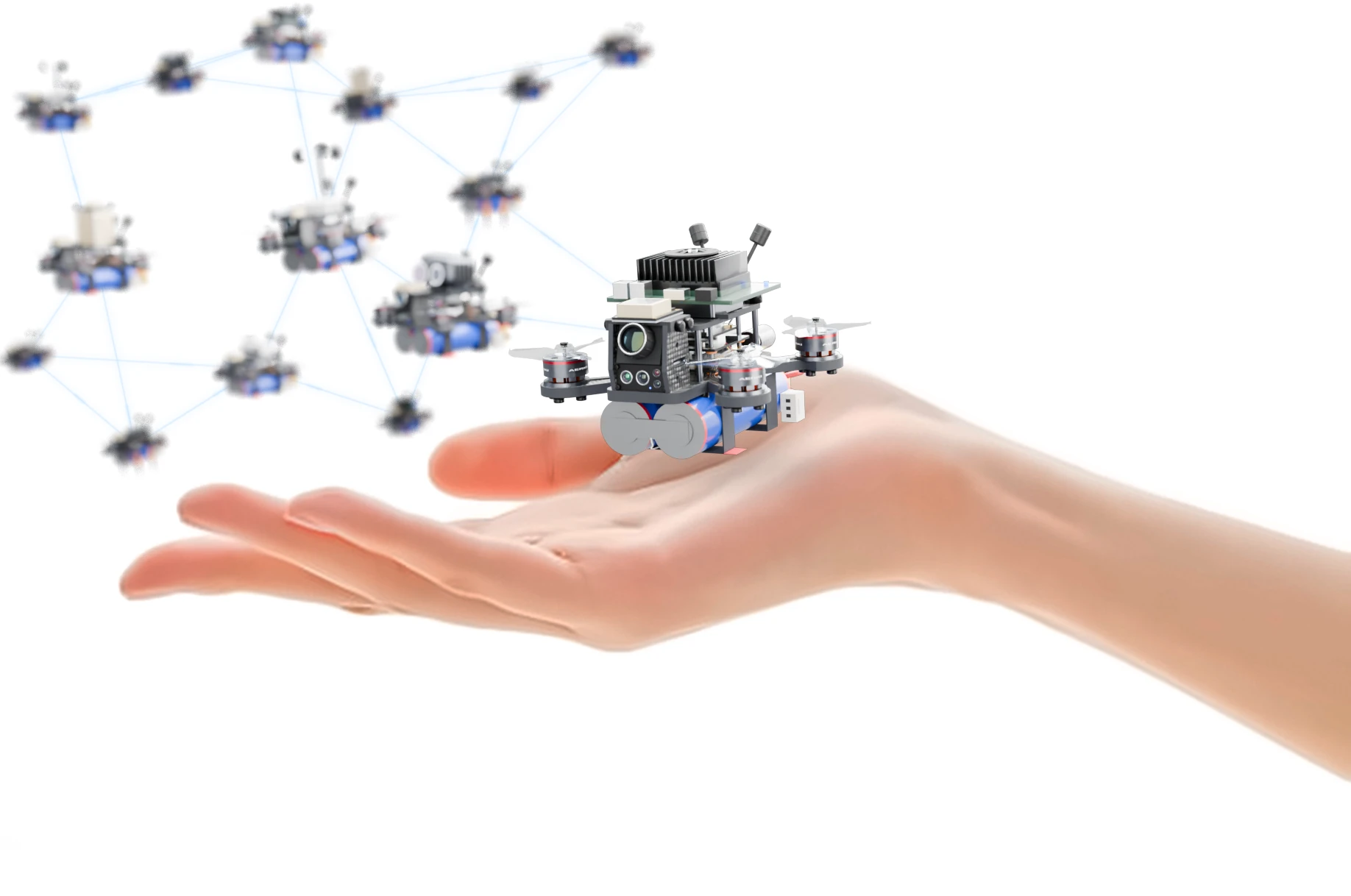 An open hand, palm up, with an AERKI compute-stack drone hovering just above it while a swarm of tiny AERKI drones flies in from the upper left