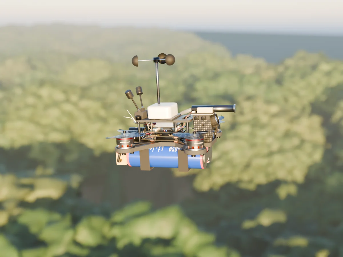 Render of the AERKI Wind / AQI gas sampler drone: Cup anemometer mast, forward sniffer intake and a vented gas chamber.