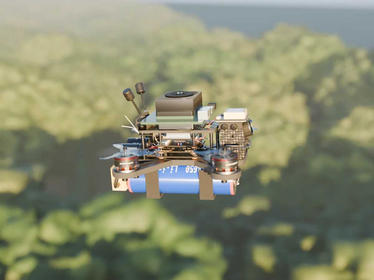 Render of the AERKI compute payload drone: an NVIDIA Jetson Orin Nano Super module with finned heatsink and fan on a carrier board