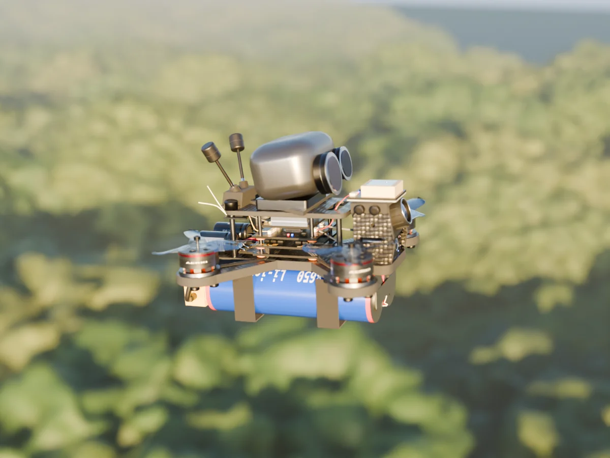 Render of the AERKI EO/IR multispectral drone: Twin pod with a germanium thermal lens and an AR-coated visible lens.