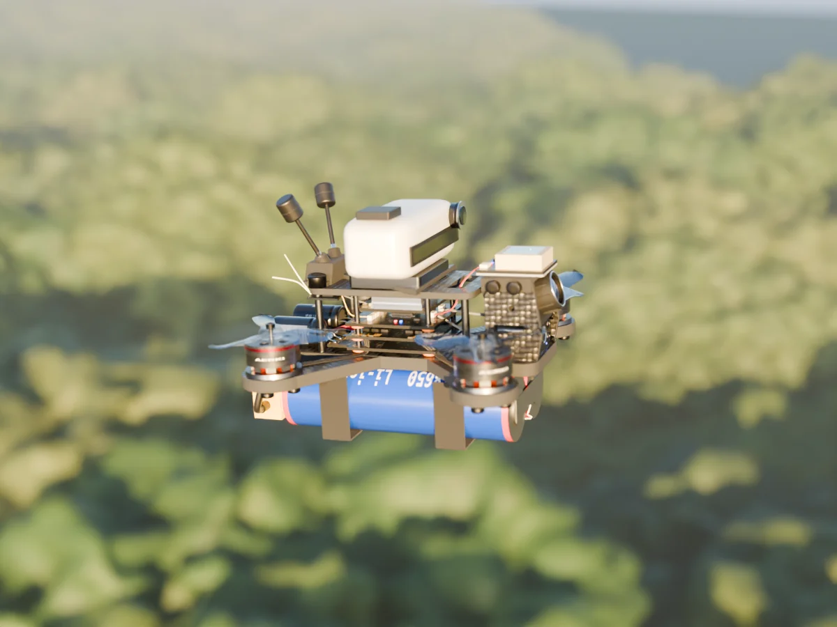 Render of the AERKI Hyperspectral drone: Push-broom imager with a long slit aperture, scanning the canopy below.