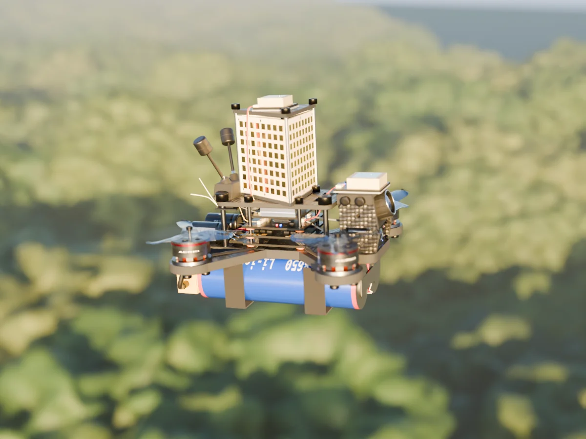 Render of the AERKI Phased array drone: three 8×8 arrays on the stack, flying over forest canopy.