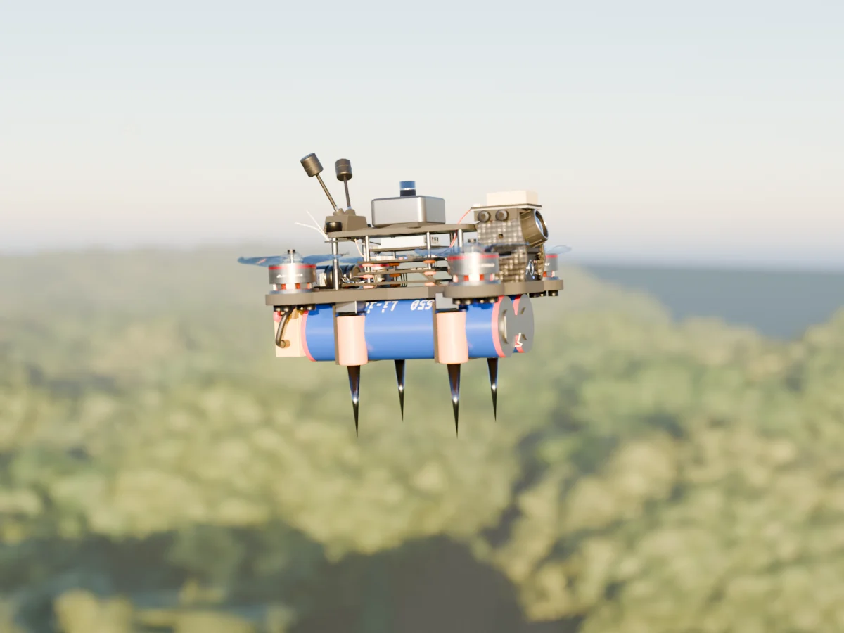 Render of the AERKI Seismic sampler drone: Four geophone stakes under the arms, ready to plant on landing.