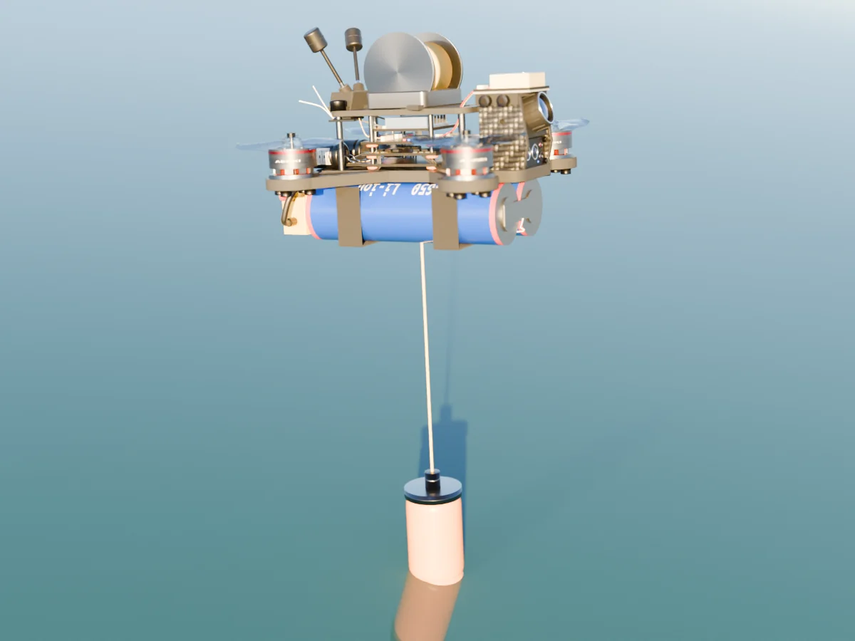 Render of the AERKI Soil and water sampler drone: Winch-lowered sampling capsule dipping toward the surface.