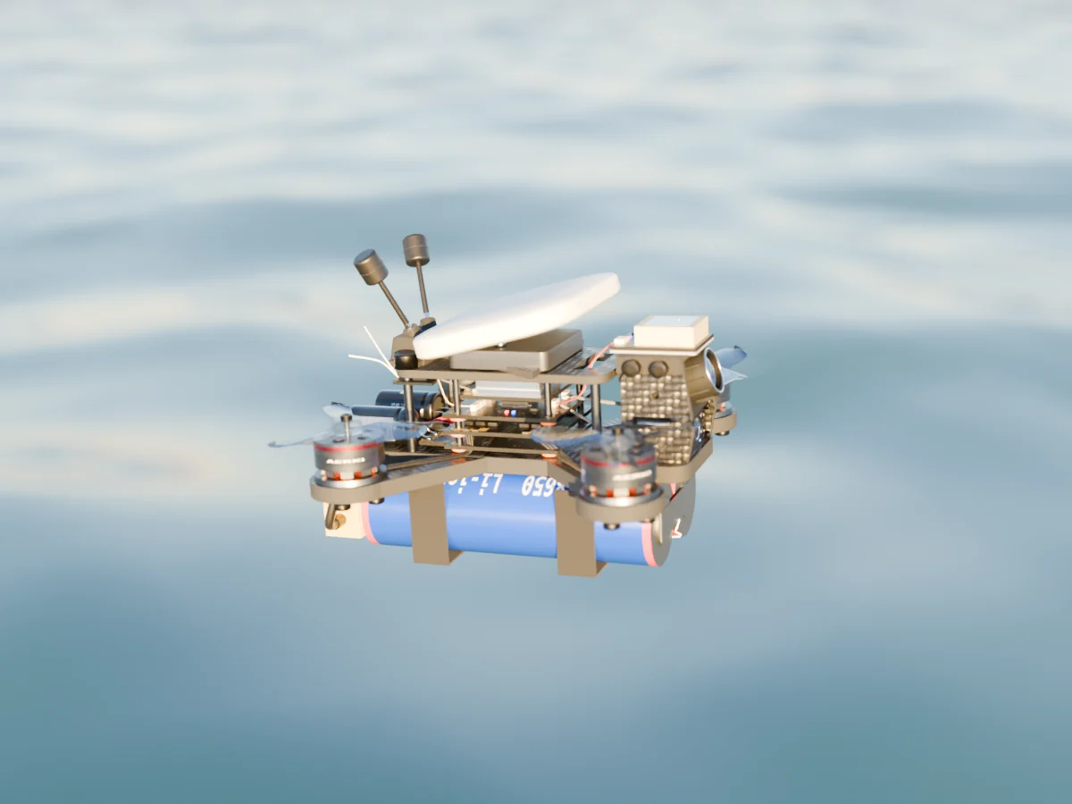 Render of the AERKI X-band radar drone: Flat forward-tilted radome for 8–12 GHz surface profiling, over open water.