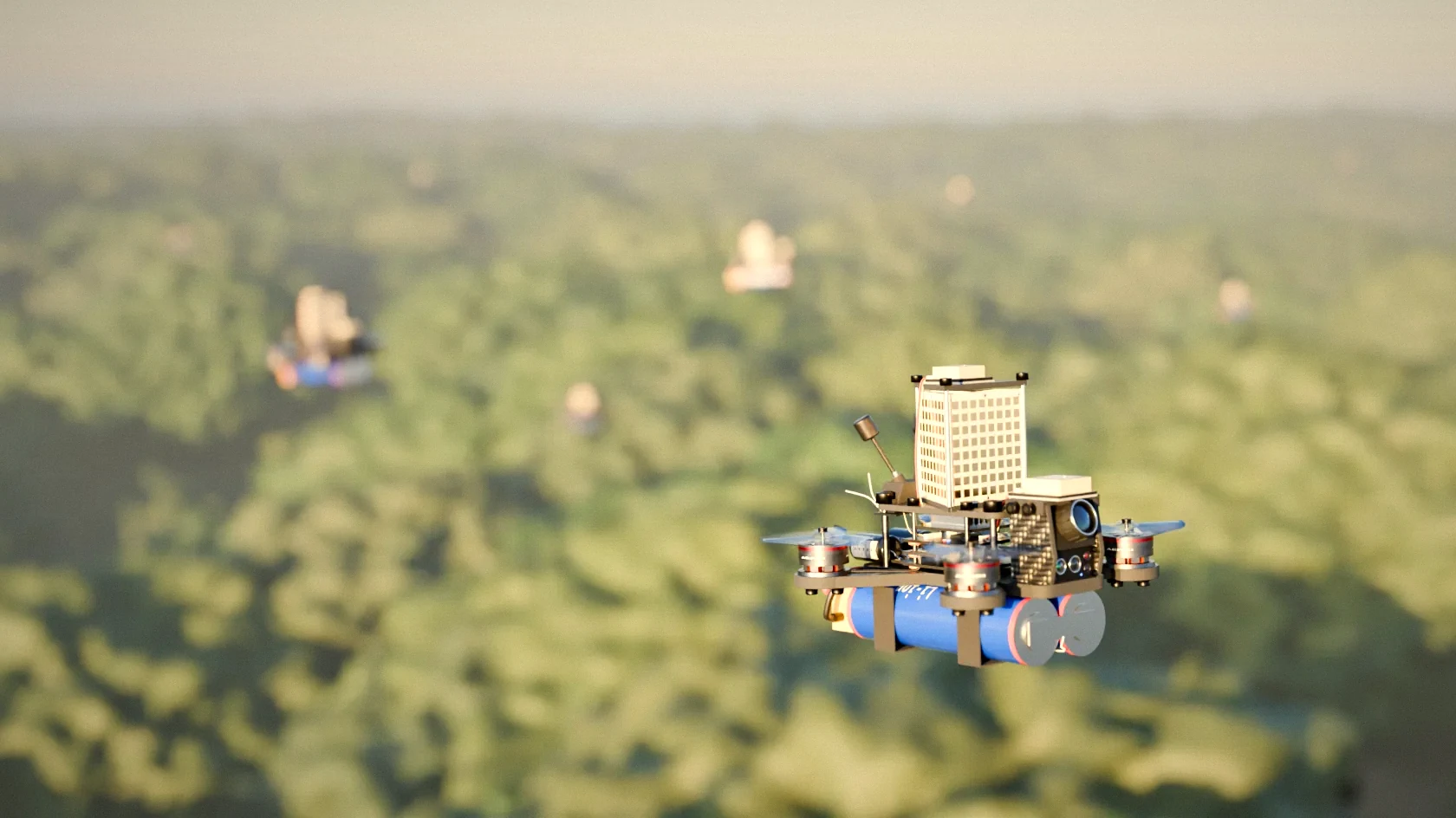 A swarm of AERKI micro drones flying low over a forest canopy at golden hour, the nearest drone in sharp focus