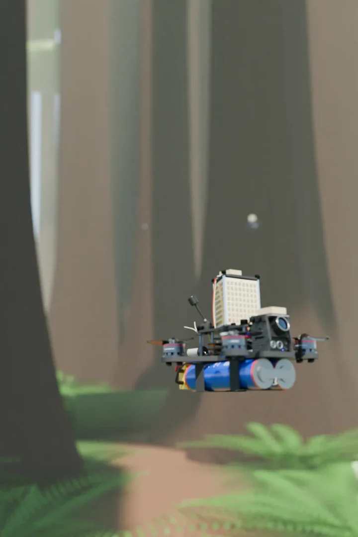 Dense redwood forest with AERKI drones flying between the trunks